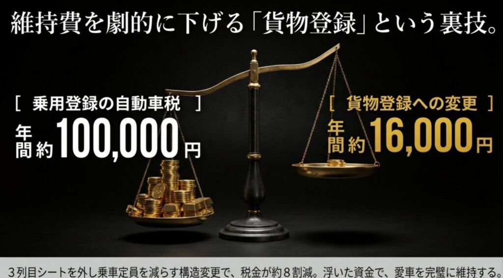 乗用登録（約10万円）から貨物登録（約1.6万円）へ変更することで自動車税が約8割減になることを説明する比較図。