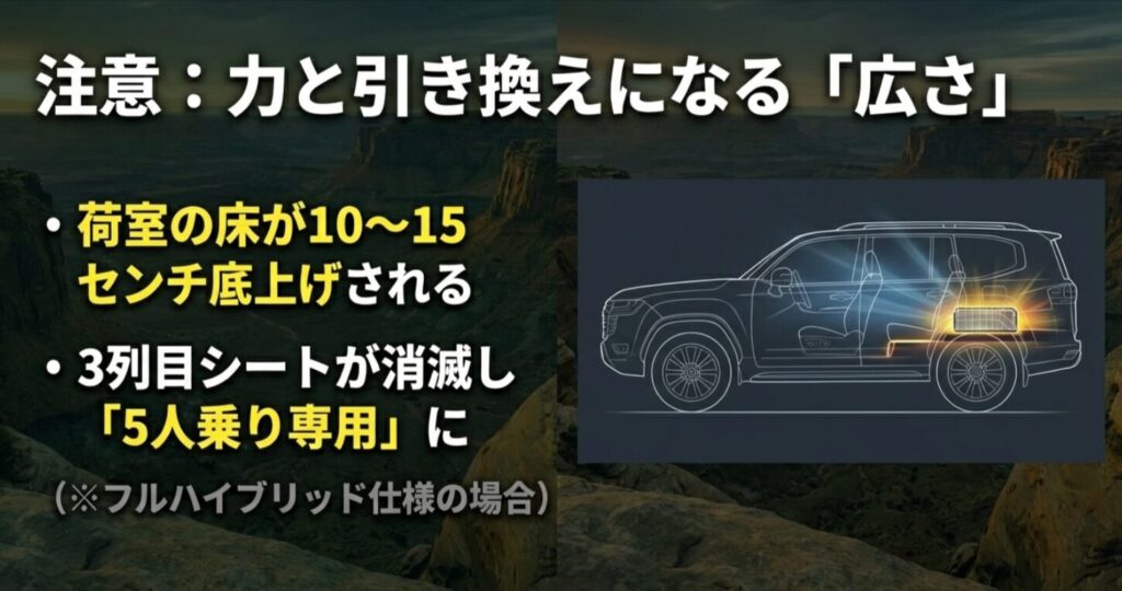 ハイブリッド化により荷室フロアが底上げされ3列目シートが消滅し5人乗り専用になる注意点を示すスライド画像