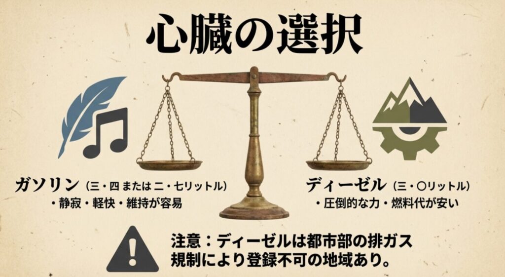 ガソリン車とディーゼル車の特徴比較。ディーゼル車は都市部で登録不可の地域があるという注意喚起を含むスライド。
