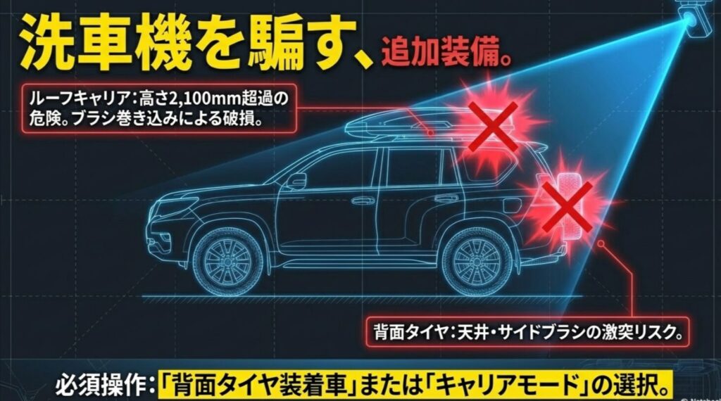 ルーフキャリアの高さ2,100mm超過の危険性と背面タイヤによるブラシ激突リスクの注意喚起