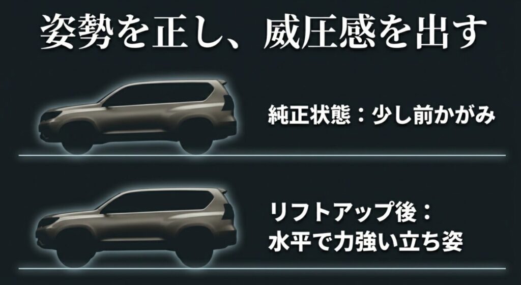 純正の前下がり姿勢を補正し、リフトアップで水平で力強い立ち姿を実現する解説