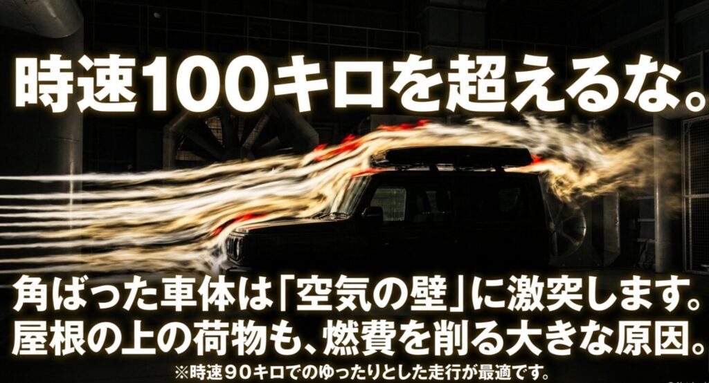 高速走行時の空気の壁（空気抵抗）と、燃費を削る屋根の上の荷物について注意を促し、時速90キロ走行を推奨するスライド