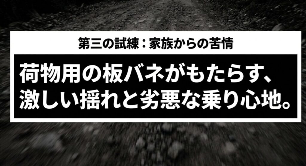 「第三の試練：家族からの苦情。荷物用の板バネがもたらす、激しい揺れと劣悪な乗り心地。」という乗り心地に関するスライド画像