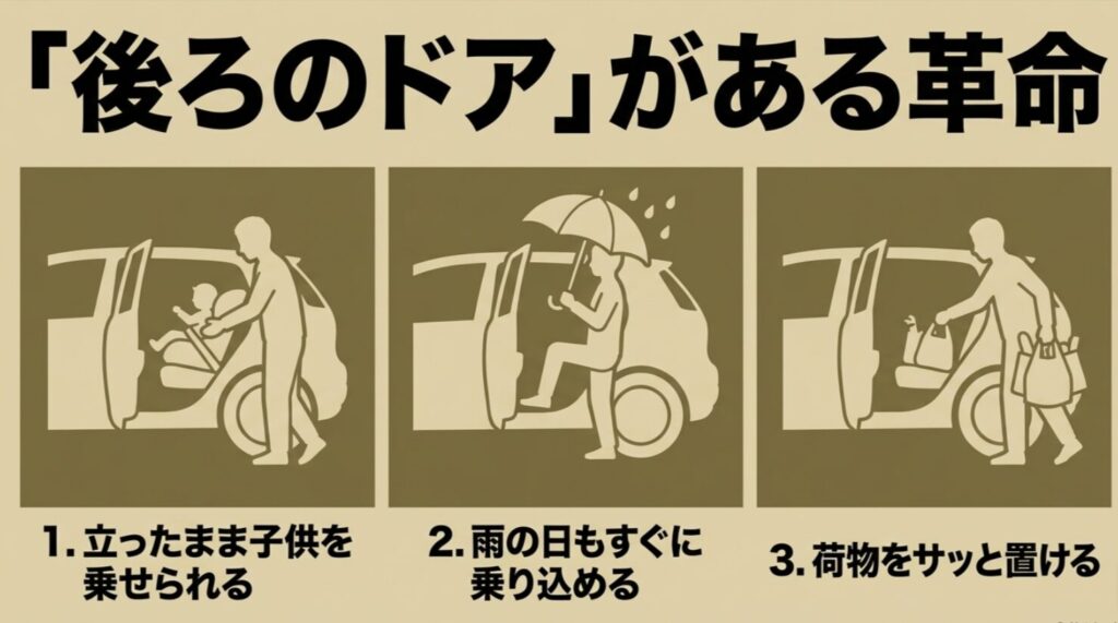 リアドアの追加により、立ったままの子供の乗せ降ろしや雨の日の乗り込み、荷物の配置が楽になったことを示すイラスト
