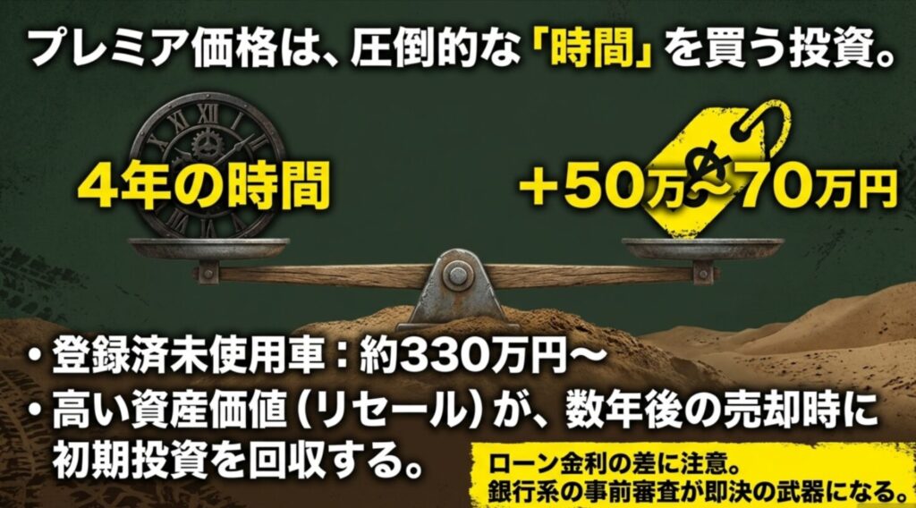 登録済未使用車に50万から70万円のプレミア価格を払うことは「時間を買う投資」であり、高いリセール価値で回収可能であることを示すスライド 。