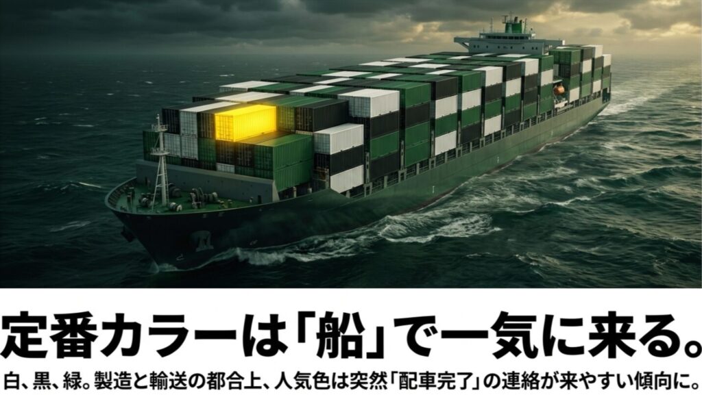白、黒、緑などの定番カラーは大型船で一気に輸送され、突然配車連絡が来やすいことを示す輸送船のイメージ