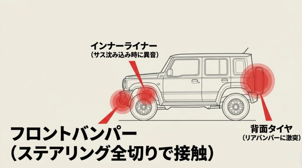 ステアリング全切りで接触するフロントバンパー、沈み込み時のインナーライナー、リアの背面タイヤ干渉位置の解説。