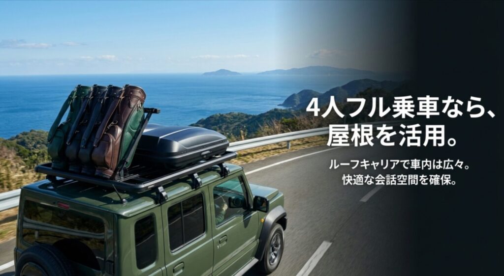ジムニーノマドにルーフキャリアを装着して4名乗車時の車内スペースを確保するイメージスライド