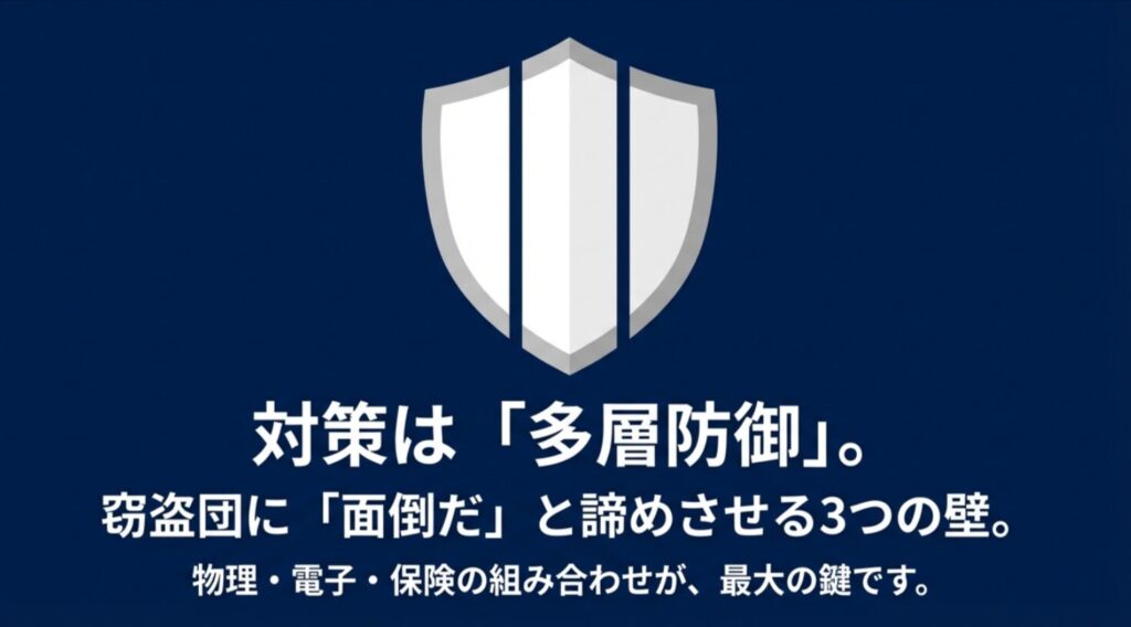 物理・電子・保険の3つの壁で守る多層防御のコンセプト図