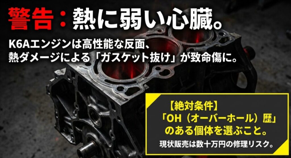  熱に弱いK6Aエンジンの弱点と、購入時の絶対条件であるオーバーホール（OH）歴の重要性を警告する図解 。