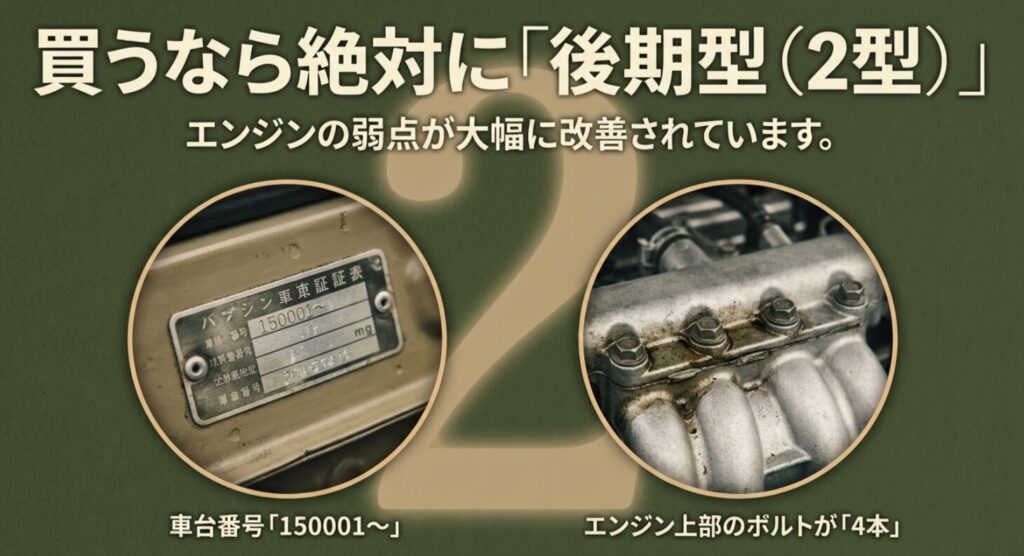 後期2型はエンジンの弱点が改善されており、車台番号150001以降やエンジンボルト4本で見分ける方法を説明 。