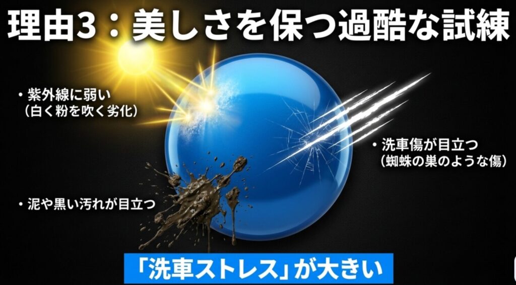 紫外線による劣化やチョーキング、洗車傷などのメンテナンスストレスを説明するスライド