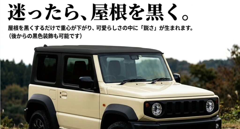 屋根を黒くすることで重心が下がり可愛らしさの中に鋭さが生まれる2トーンルーフ仕様のジムニーのスライド