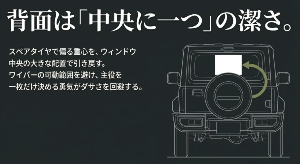 スペアタイヤで偏る背面の重心を、リアウィンドウ中央に大きなステッカーを配置することで引き戻す視覚効果。