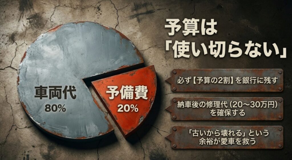 車両代80%に対し、納車後の修理代（予備費）として予算の2割（20〜30万円）を確保する重要性の図解。