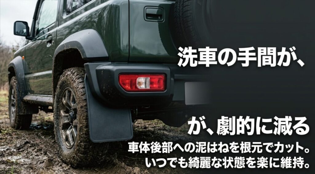 車体後部への泥はねをカットし、綺麗な状態を維持しやすくすることを伝えるスライド