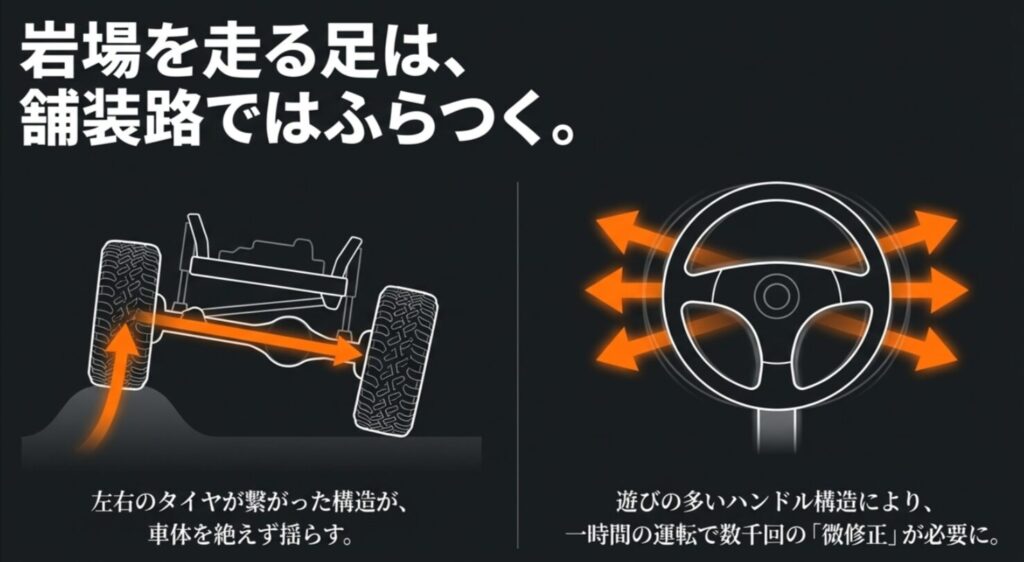 左右のタイヤが繋がった構造が揺れを誘発する様子と、遊びの多いハンドルで微修正が必要になるイメージ図
