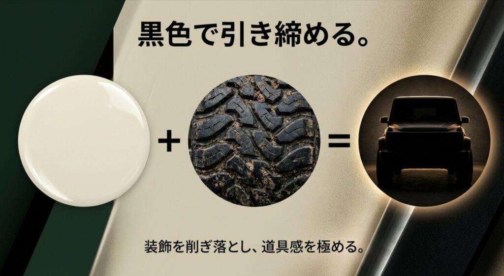 黒パーツでアイボリーの車体を引き締め、装飾を削ぎ落とした「道具感」を追求するカスタムイメージのスライド