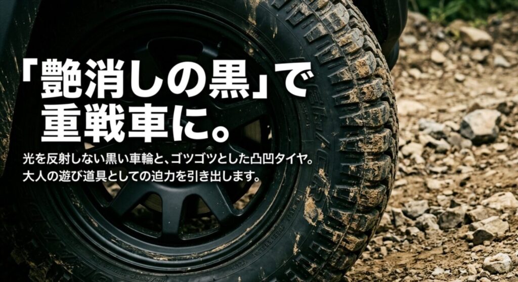 光を反射しない黒いホイールと凸凹タイヤで引き出す大人の遊び道具感