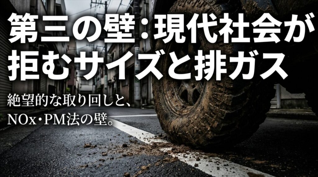 絶望的な取り回しとNOx・PM法の規制を説明するスライド