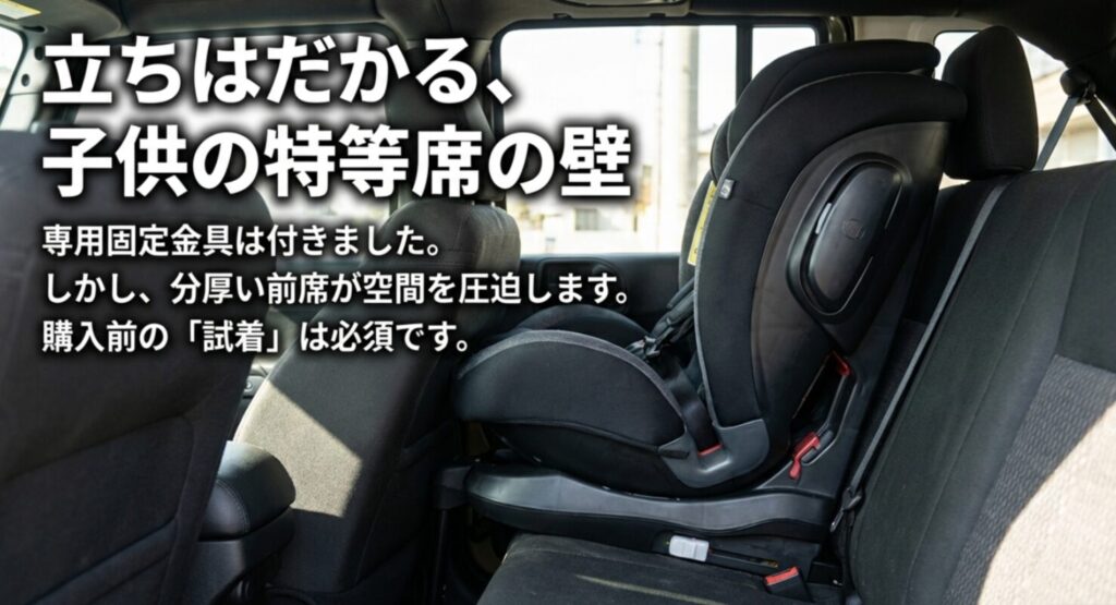 ISOFIX金具はあるが分厚い前席が空間を圧迫するため試着が必須であることを伝えるスライド