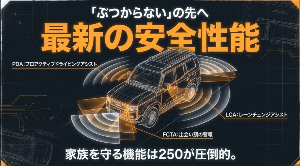 ランクル250に搭載されたプロアクティブドライビングアシスト（PDA）やレーンチェンジアシストなど、最新の安全支援機能の紹介 。