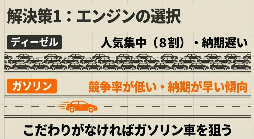 ディーゼル（人気集中・納期遅い）とガソリン（低競争率・納期早い）の比較スライド
