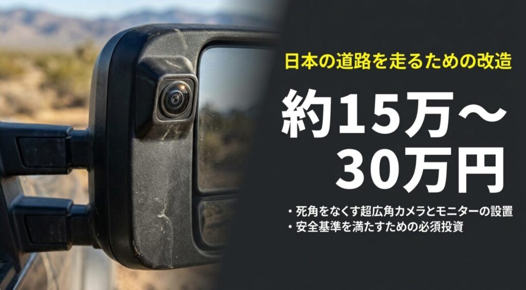 直前直左の死角をなくす超広角カメラとモニターの設置費用（約15万〜30万円）を紹介するスライド