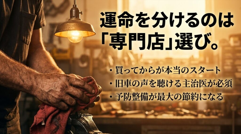 旧車の主治医としての専門店選びと、予防整備が節約に繋がることを示す図解。