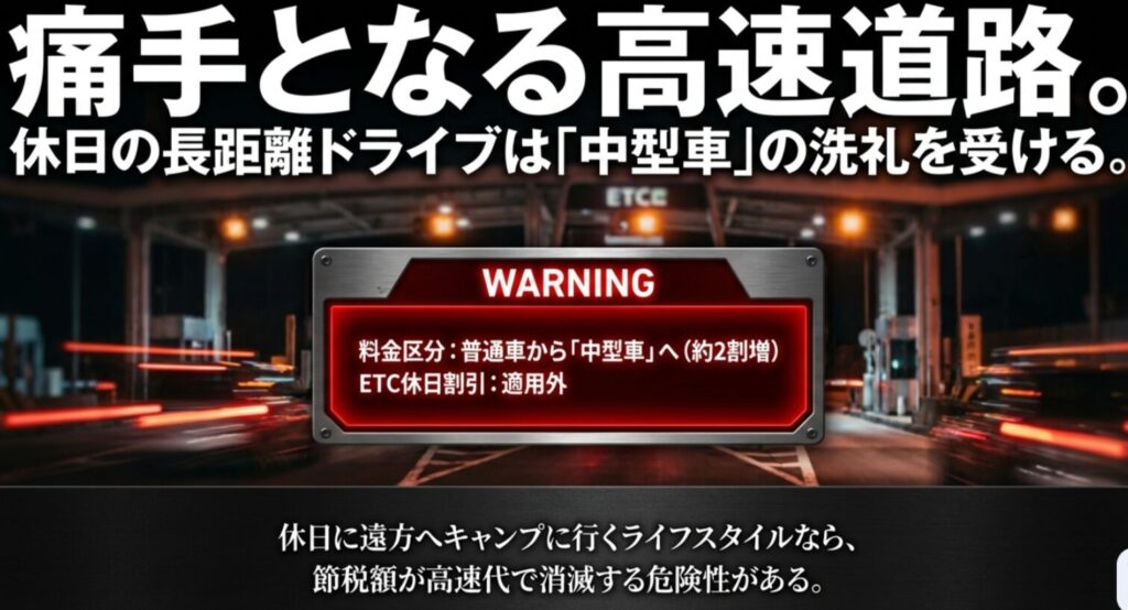 高速料金が約2割増になりETC休日割引が適用外になることへの警告図 