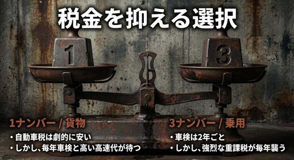 ランクル40の1ナンバー（貨物）と3ナンバー（乗用）のメリット・デメリット比較スライド