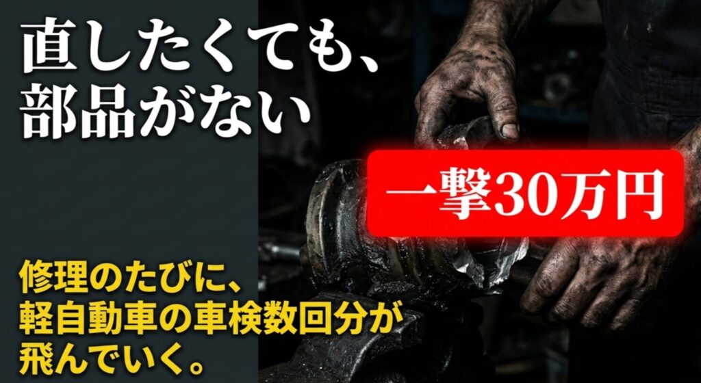 トヨタ純正部品の生産終了と一撃30万円かかる高額修理の現実を表現したスライド