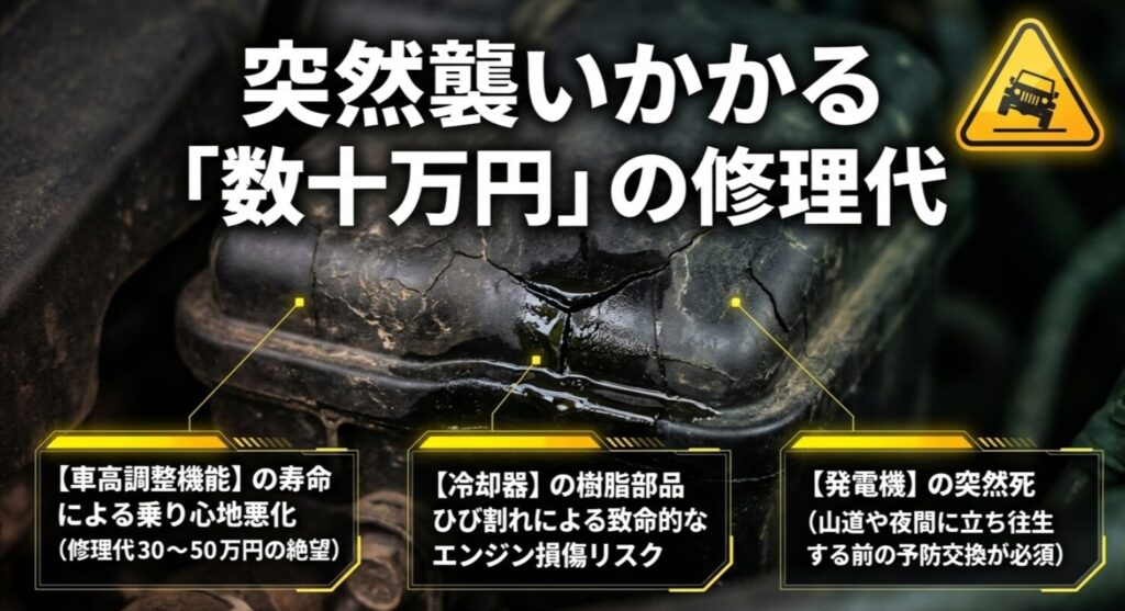 AHC（車高調整機能）の故障による30〜50万円の修理代、冷却器のひび割れ、発電機の突然死などランクルの定番故障リスクをまとめた画像