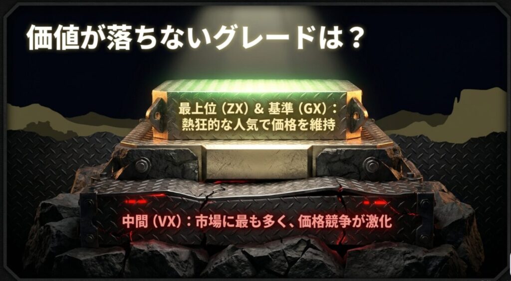 人気のZX・GXグレードと、市場に多く価格競争が激化している中間VXグレードの比較図