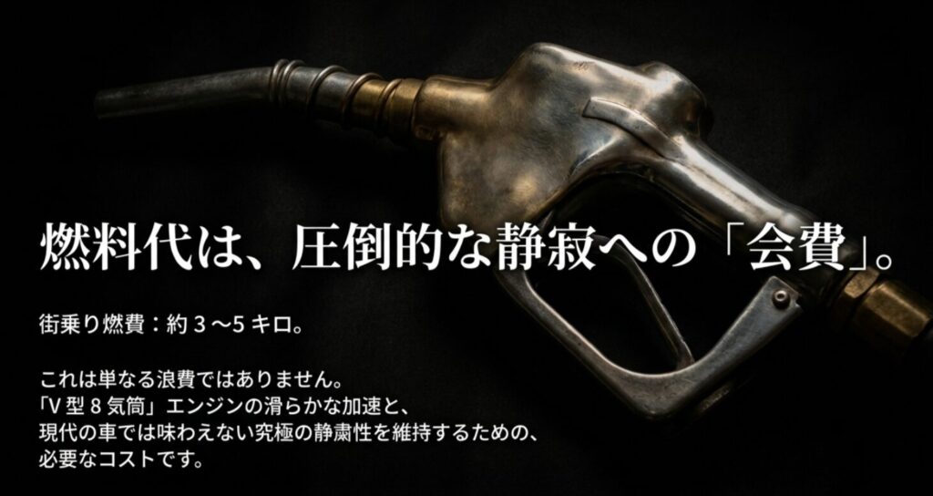 街乗り燃費約3〜5キロというコストを、V8エンジンの加速と静粛性を維持するための「会費」と捉える考え方の提案。