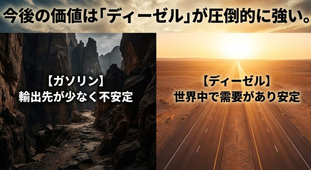 輸出先が少なく不安定なガソリン車に対し、世界中で需要があり安定しているディーゼル車の強みを比較した画像