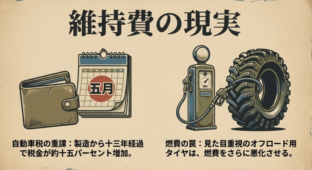 オフロード用タイヤへの交換が見た目を良くする一方で燃費を悪化させるリスクを警告するイラスト。