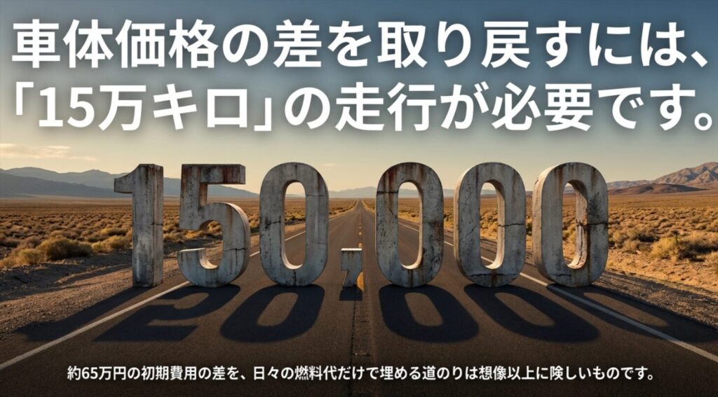 燃料代だけで車両価格差を埋めるには15万kmの走行が必要であることを示すグラフスライド