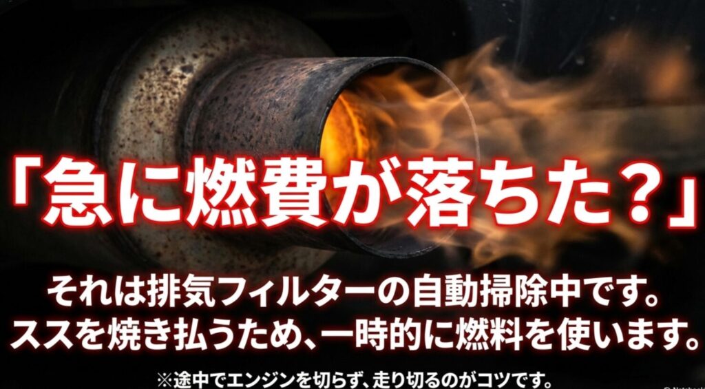 排気フィルターの自動掃除（DPF再生）中にススを焼き払うため一時的に燃料を使うことを説明し、途中でエンジンを切らないコツを伝えるスライド