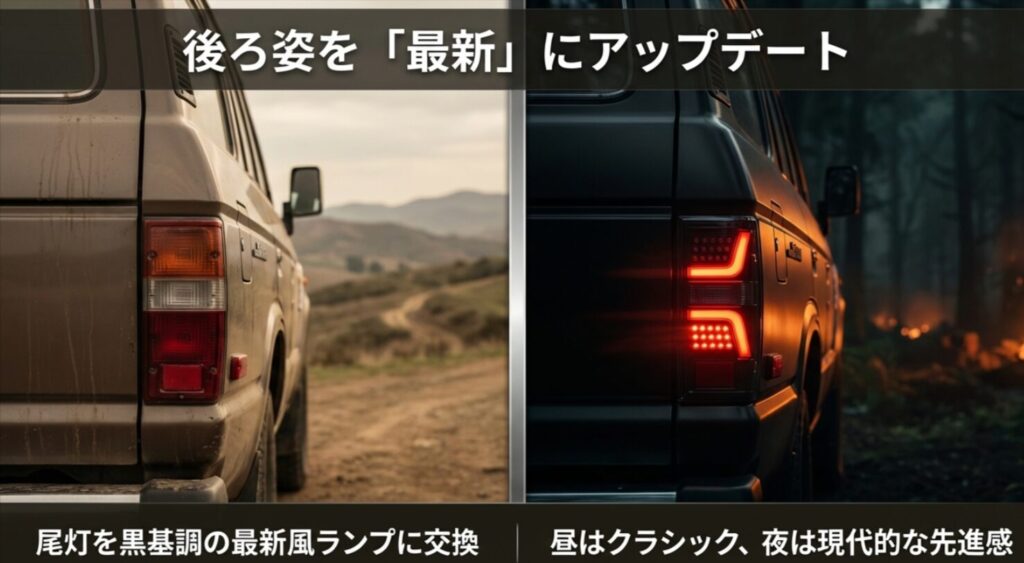 尾灯を黒基調の最新風ランプに交換し、後ろ姿を現代的にアップデートする解説画像