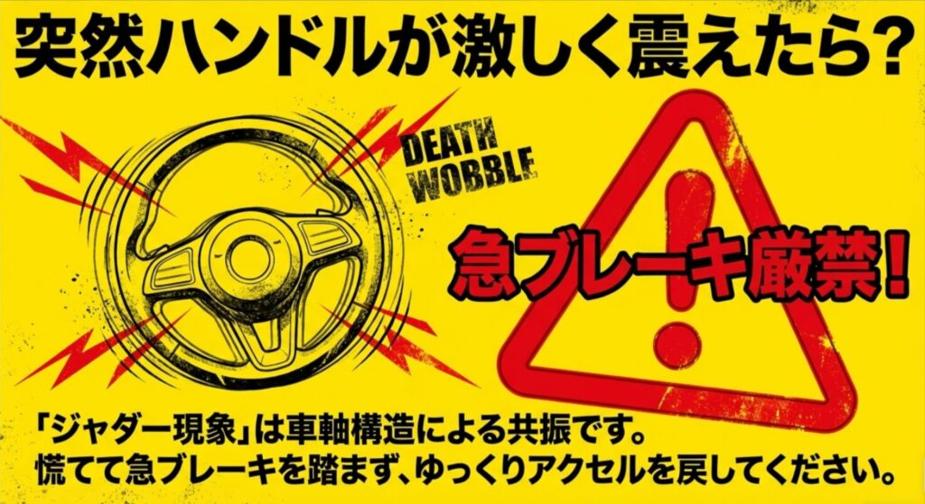走行中にハンドルが震えるジャダー現象（デスウォブル）の原因と、急ブレーキを避けるべき対処法の解説。
