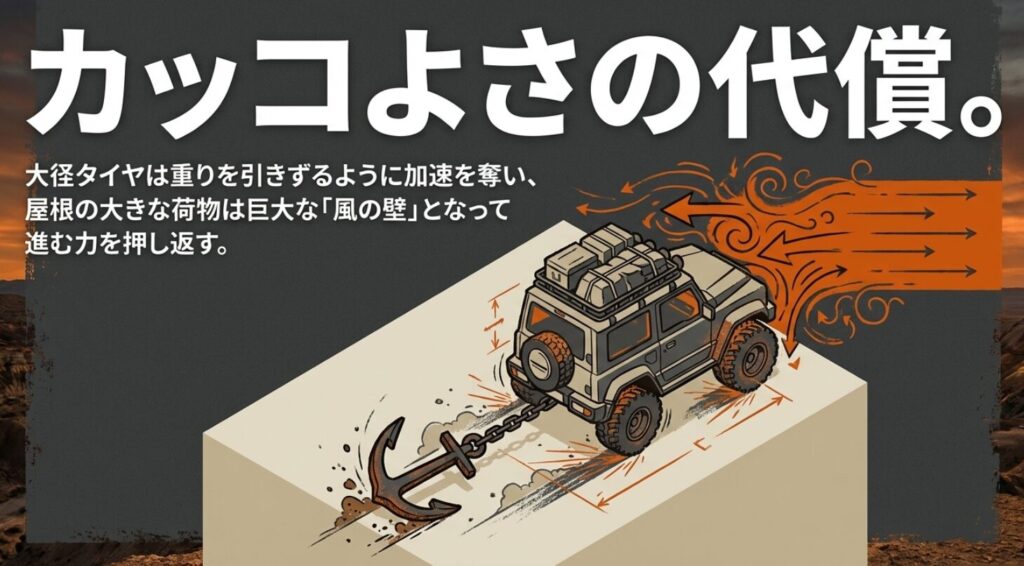 大径タイヤが重りとなり、屋根の荷物が空気抵抗（風の壁）となって加速を奪う様子を伝える注意喚起スライド 。