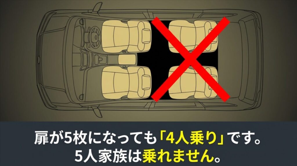 5ドアになっても乗員定員が4名のままであることへの注意喚起スライド