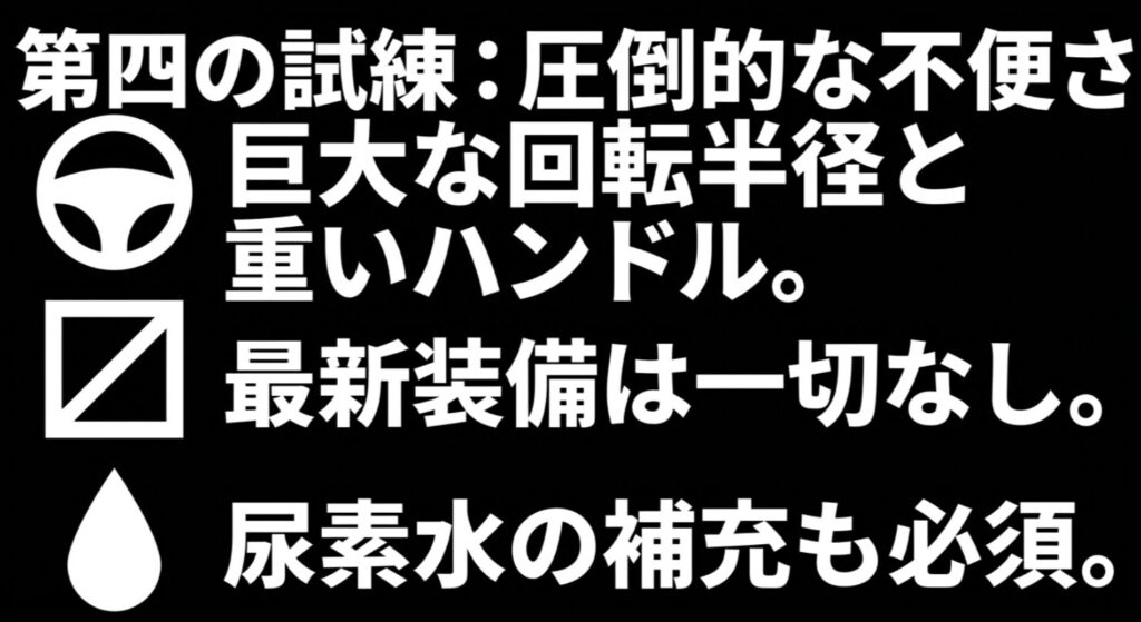 「第四の試練：圧倒的な不便さ。巨大な回転半径と重いハンドル。最新装備は一切なし。尿素水の補充も必須。」という不便さをまとめたスライド画像