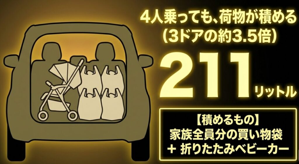 4名乗車時でも211リットルの容量があり、買い物袋やベビーカーが積めることを説明する図 