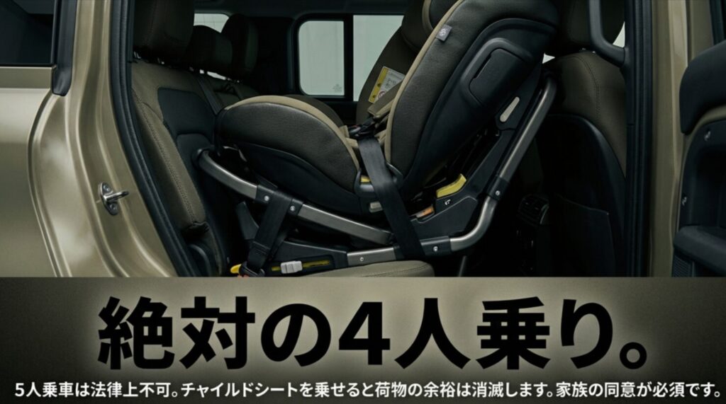 ジムニーノマドが法律上5人乗り不可の4人乗りであり、家族の同意が必要であることを伝える注意画像。
