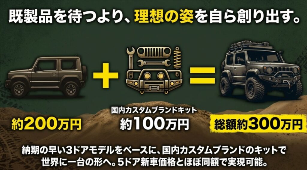 約200万円の3ドアモデルに100万円のカスタムキットを加え、5ドア新車価格と同等の総額300万円で理想の形を作る提案スライド 。