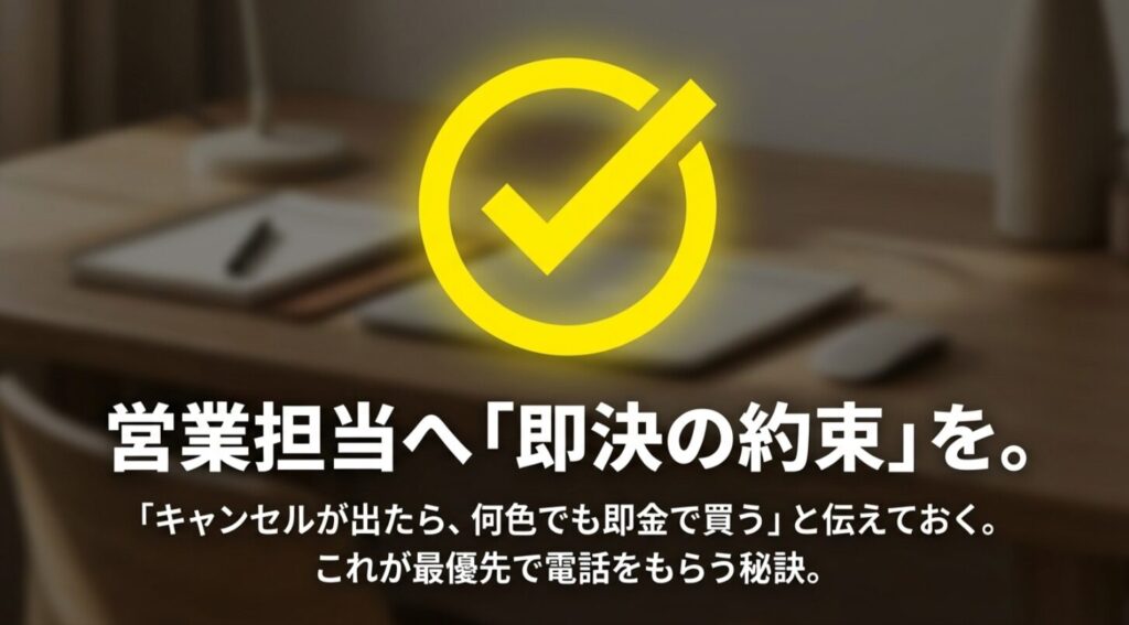 「キャンセルが出たら即金で買う」と伝え、営業担当から最優先で電話をもらう秘訣をまとめたスライド画像