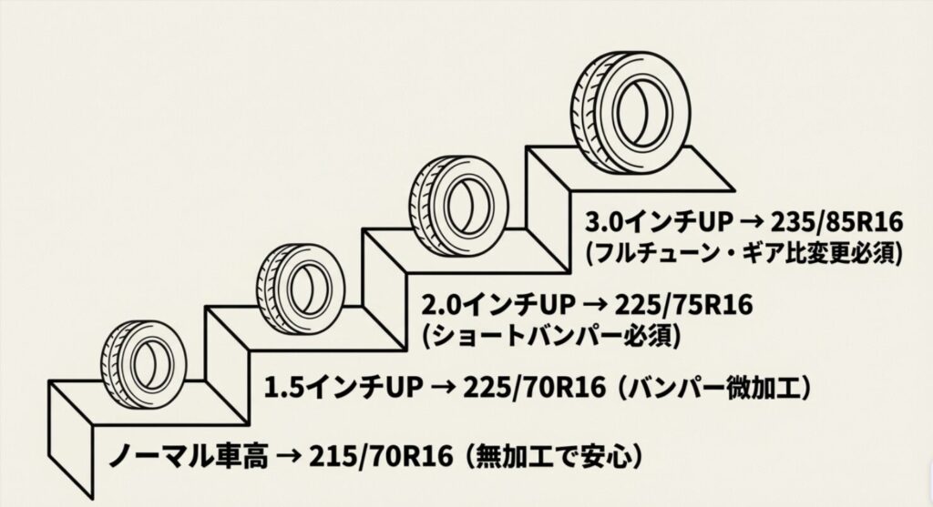 1.5インチ、2.0インチ、3.0インチの車高アップ量に応じた推奨タイヤサイズと必要対策のロードマップ。