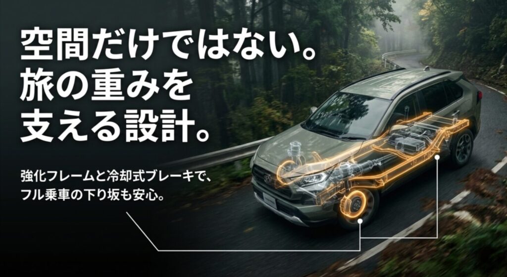 ジムニーノマドの強化フレームと冷却式（ベンチレーテッド）ブレーキによる走行安定性の解説スライド